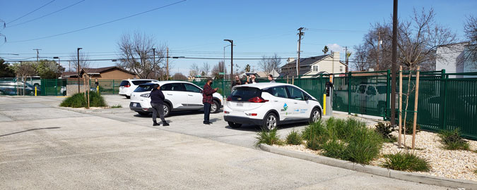 Electric vehicles at a mobility hub in Sacramento