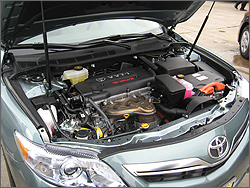 Photo of the inside of a hybrid electric vehicle engine.